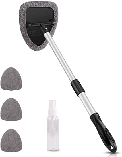 AstroAI Car Window Cleaner, 4 Reusable and Washable Microfiber Pads, Windshield Cleaning Tool with Telescopic and Extendable Handle Auto Inside Glass Wiper Kit, Gray