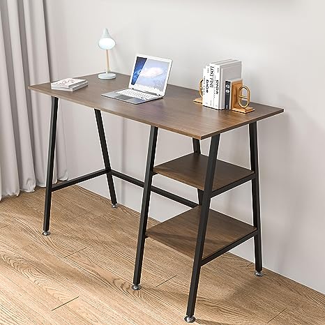 VECELO Industrial Simple Style Wood Table & Metal Frame Home Office Computer Desk Writing Study Workstation with 2 Tier Storage Shelves on Left or Right, 43 inch, Brown   Black Leg