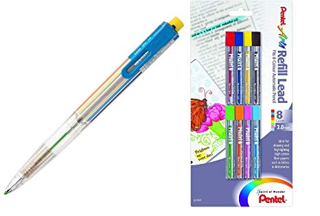 Pentel Arts 8 Color Automatic Pencil, Assorted Accent Clip Colors, 1 Pencil (PH158) (1 Pencil   Refills)