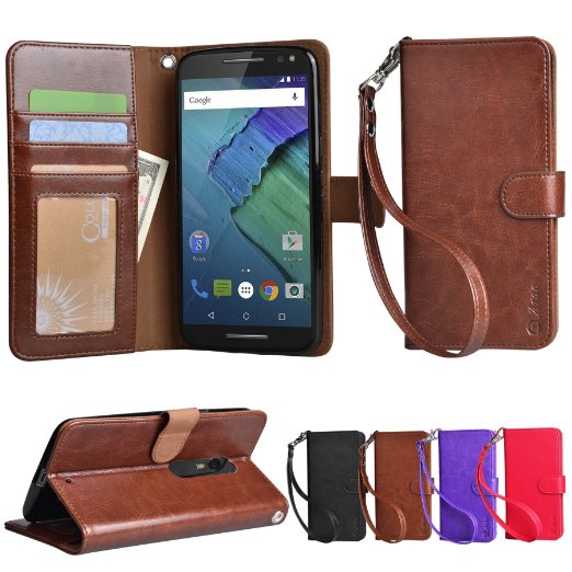 Moto X Pure Case Arae Motorola Moto X style wallet case Wrist Strap Flip Folio Kickstand Feature PU leather wallet case For Motorola Moto X style Brown