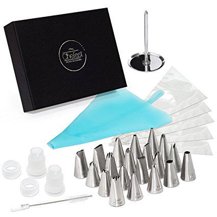 Cake Decorating Tip Set by Chefast - Perfect for Cakes, Cupcakes, and Cookie Decoration - Premium Kit of 20 Piping Tips, 2 Couplers, Reusable Icing Bag, 5 Frosting Bags, Nail Flower, Brush & Gift Box