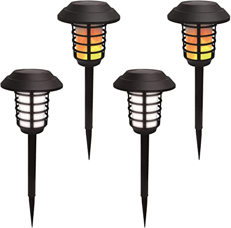 Bell   Howell 2905 Smart Pathway Lights 2-in-1 XL Bright White & Flickering Flame Solar Torches Waterproof, 4 Pack, Black