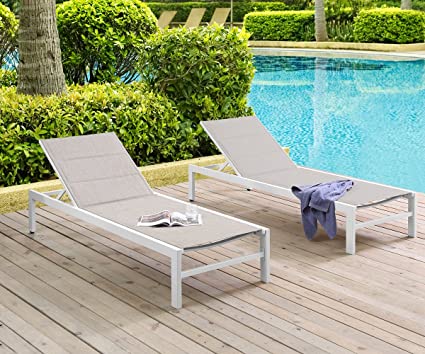 Ulax Furniture Patio Outdoor Aluminum Chaie Lounge Chair Adjustable Recliner with Wheels and Quick Dry Foam (Set of 2, Beige)