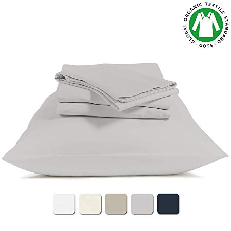 BIOWEAVES 100% Organic Cotton 3 Piece Sheet Set 300 Thread Count Sateen Weave GOTS Certified with deep Pockets (Twin, Light Grey)
