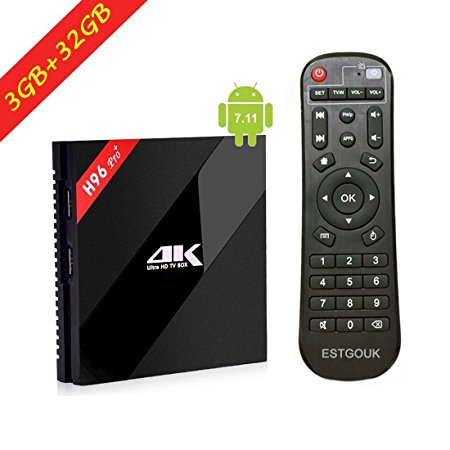 ESTGOUK H96 Pro Android 7.1 TV BOX [3GB/32GB/4K] Amlogic 64bit Octa-core Ultra HD Smart Set Top Box, Supports 2.4G/5G Dual Wifi 1000M LAN Ethernet Bluetooth 3D Watch