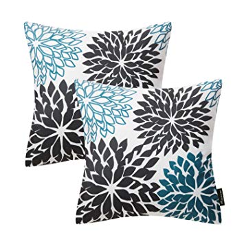 Phantoscope Set of 2 New Living Series Decorative Dahlia Black and Blue Throw Pillow Case Cushion Cover 18" x 18" 45cm x 45cm