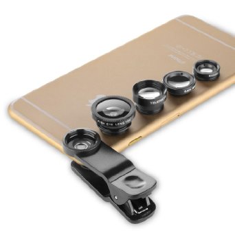 Evershop® Universal 4 in 1 Iphone Lens Camera Lens Kit Clip on Fish Eye Lens   2 in 1 Macro Lens   Wide Angle Lens   CPL Lens Camera Lens Kit for Smart Phones (Black)