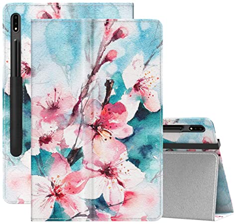 MoKo Case Compatible with Samsung Galaxy Tab S7 11" 2020, Ultra Slim Tri-Fold Cover with Auto-Wake/Sleep & Pen Holder Fit Samsung Galaxy Tab S7 11 Inch 2020 SM-T870/SM-T875 ONLY - Peach Blossom