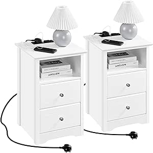 Yaheetech 2pcs Bedside Tables, Wood Nightstand with 2 Charging Station and 2 USB Ports, End Side Table with 2 Storage Drawer and Open Cupboard for Living Room/Bedroom, 35 x 40 x 60cm, White