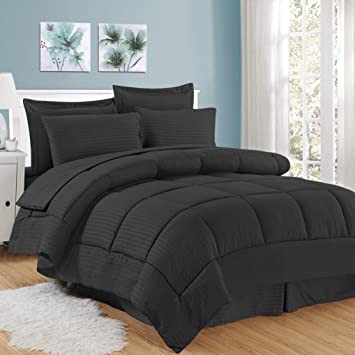 Sweet Home Collection 8 Piece Comforter Set Bag Stripe Design, Bed Sheets, 2 Pillowcases, 2 Shams Down Alternative All Season Warmth, Queen, Dobby Black