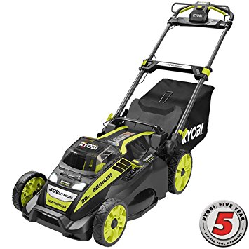 Ryobi. 20" RY40190 40-Volt Brushless Lithium-Ion Cordless Battery Self Propelled Lawn Mower with 5.0 Ah Battery and Charger Included