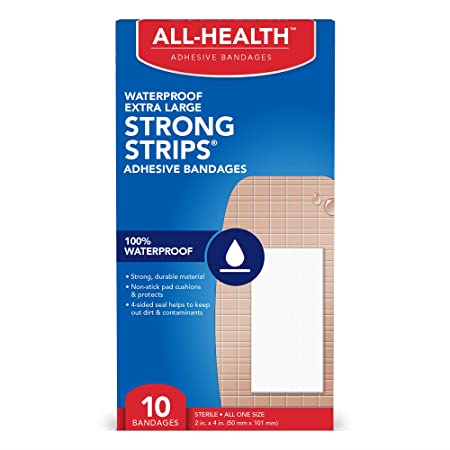 All-Health Clear Waterproof Heavy Duty Bandages, XL 2 in x 4 in, 10 ct | 100% Waterproof First Aid for Minor Cuts & Scrapes, Extra Large