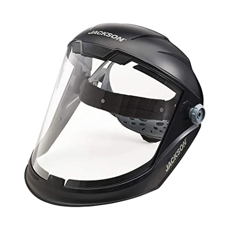 Jackson Safety Lightweight MAXVIEW Premium Face Shield with Ratcheting Headgear, Clear Tint, Anti-Fog Coating, Black, 14201 (Remove Protective Film Before Use)