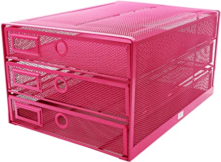 Annova Desk Organizer Wire Mesh 3 Tier Sliding Drawers Paper Sorter/Multifunctional / Premium Solid Construction for Letters, Documents, Mail, Files, Paper, Kids' Art Supplies (Pink/Fuschia)