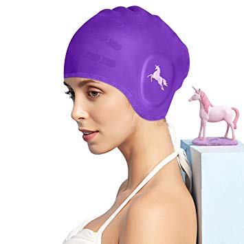FUNOWN Swim Cap, Silicone Long Hair Swim Cap for Women, Swimming Cap for Long Short Hair Women Men with Nose Clips, Earplugs & Ear Pockets