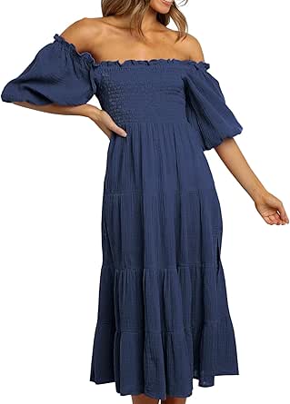 R.Vivimos Women's Summer Cotton Lantern Sleeves Ruffled Off Shoulder A-Line Midi Dresses