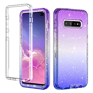 Lontect for Galaxy S10 Plus Case Glitter Gradient Clear Sparkle Bling Heavy Duty Shockproof Hybrid Hard PC Soft TPU Dual Layer Protective Case Cover for Samsung Galaxy S10 Plus, Purple Blue