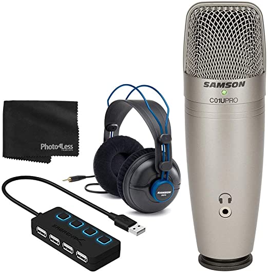 Samson C01U PRO USB Studio Condenser Microphone   Professional Studio Headphones   4 Port USB 2.0 Hub with Individual LED Lit Power Switches - Great Microphone Bundle