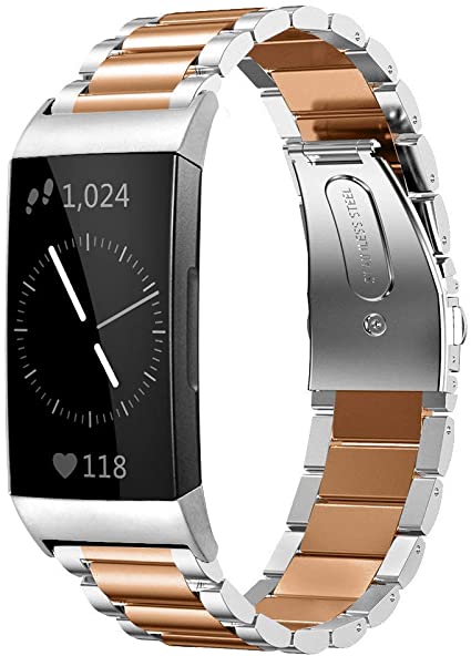 Shangpule Compatible for Fitbit Charge 3 / Fitbit Charge 4 / Fitbit Charge 3 SE Bands, Stainless Steel Metal Replacement Strap Bracelet Wrist Band Large Small (Silver/Rose Gold)