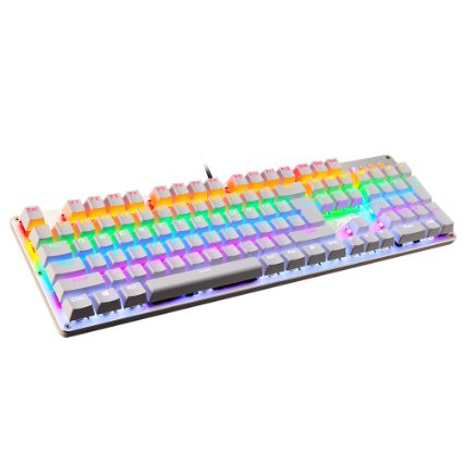 LINGBAO JIGUANSHI Gaming Keyboard 104 Keys Computer Wired USB Backlit Metal Panels Mechanical Keyboard (Mixed Light, Silver Bezel, White Cap, Black Switches,104Keys)