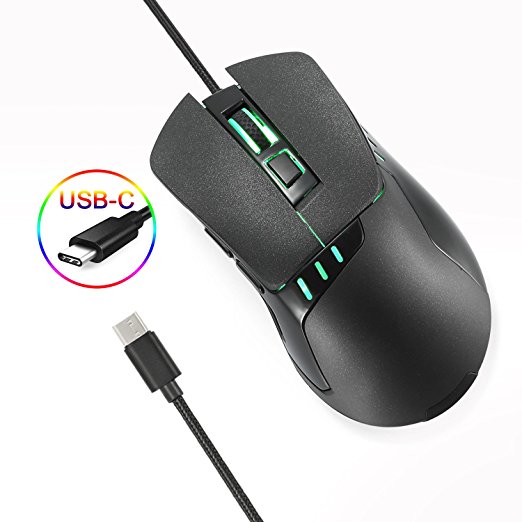 PHILWIN USB C Mouse, USB Type C Mouse with 4 Levels Adjustable DPI and 6 Colors Soothing LED Lights for Macbook, Macbook Pro 2016/2017, Chromebook, or Devices, with USB C Port Game Mice (G05)