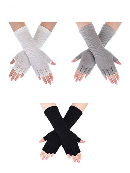 Boao 3 Pairs Long Fingerless Gloves Winter Knit Arm Warmers Stretchy Half Finger Mittens for Women Girls, Black, White, Grey