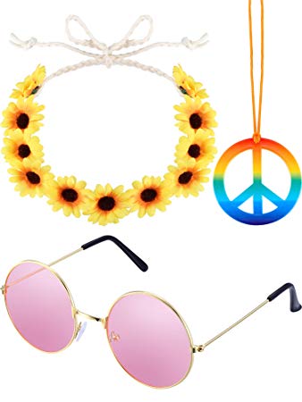 3 Pieces Hippie Costume Set Includes 1 Piece Rainbow Peace Sign Necklace, 1 Piece Flower Crown Headband and 1 Pair of Hippie Sunglasses