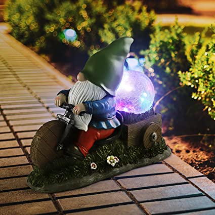 Garden Statues, POTEY Garden Gnome Statues with Colorful Solar Lights Garden Sculptures & Statues Outdoor Funny Garden Gnome Gifts Lights for Patio Yard Decorations