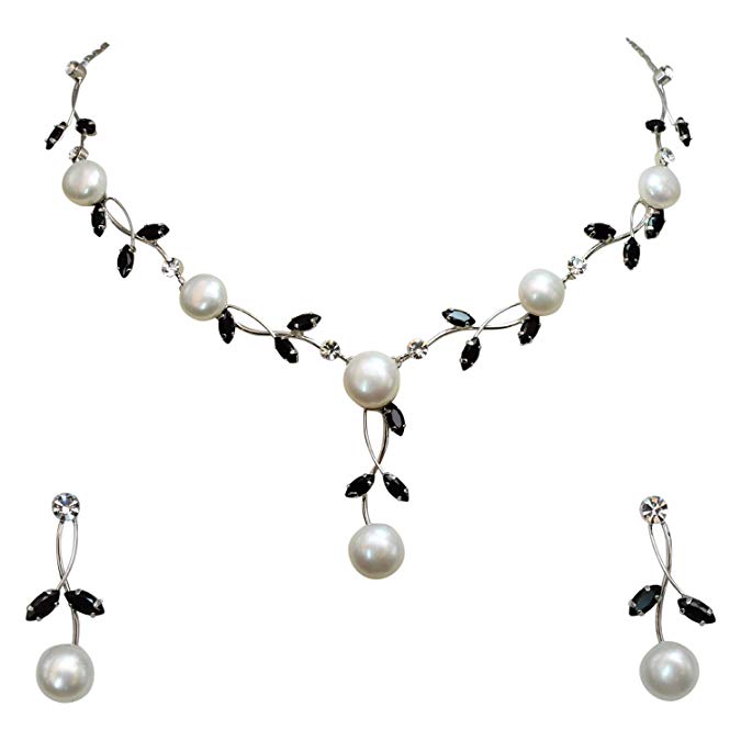 Faship Gorgeous CZ Crystal Freshwater Pearls Floral Necklace Earrings Set