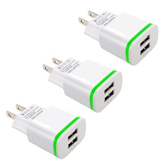 Android USB Wall Charger,3-Pack LED Light Max 2.1Amp AC/DC Dual USB Home Charger Plug Power Adapter for Apple iPhone SE 6S Plus iPad Samsung LG Sony HTC BLU Blackberry and Most Android Phone & Tablet