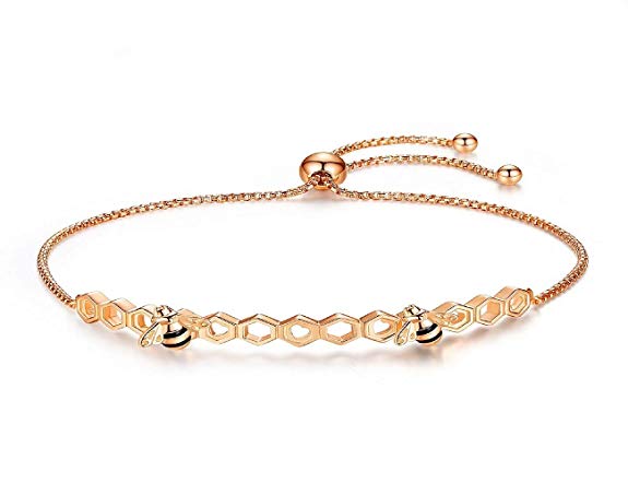 Presentski Bee Honeycomb Bracelet 925 Sterling Silver, Rose Gold Plated Adjustable Jewelry for Women Girls