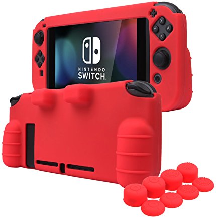 YoRHa HAND GRIP Silicone Cover Skin Case for Nintendo Switch x 1(red) With Joy-Con thumb grips x 8
