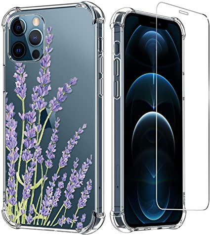LUXVEER for iPhone 12 Case,iPhone 12 Pro Case with Screen Protector,Fashionable Nice Lavender Floral on Soft Clear TPU Cover for Girls Women,Protective Phone Case for iPhone 12/12 Pro 6.1 inch