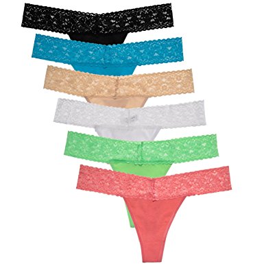 Jo & Bette 6 Pack Cotton Womens Thong Underwear Lace Trim Soft Sexy Lingerie Panties Set