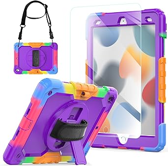 Blosomeet iPad 9th/8th Generation Case 2021/2020 10.2 Inch with Tempered Glass Screen Protector |Rugged Shockproof iPad 7th Gen Kids Cover 2019 w/Stand Pencil Holder & Hand Shoulder Strap|Purple