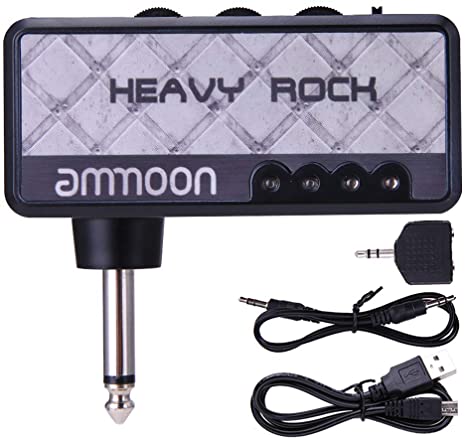 ammoon Guitar Headphone Amplifier electric guitar and 1/4 Inch Plug 3.5mm Headphone Jack & Aux In with Classic Rock Distortion Effect Built-in Rechargeable Battery-Grey