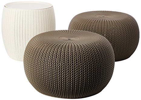 Keter 3 Piece Compact Indoor/Outdoor Table & 2 Seating Poufs Cozy Urban Knit Furniture Set