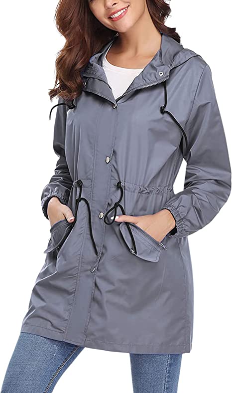 Women Waterproof Raincoat Hooded Long Sleeve Zipper Rain Jacket Lightweight Windbreaker Raincoats Outdoor Long Trench Coats for Walking Camping