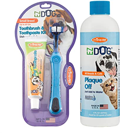 Triple Pet EZ Dog Plaque Off Fresh Breath Dental Kit for Dogs | | Dog Dental Care Kit Includes Dog Toothbrush and Dog Toothpaste and/or Dental Water Additive for Dogs