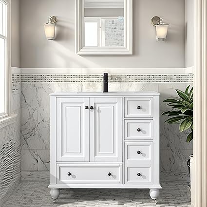 eclife 36" Bathroom Vanity Cabinet with Sink Combo Set w/Painted Solid Wood Construction, Undermount Ceramic Sink w/Matte Black Faucet Drain, 2 Doors & 4 Drawers, Vintage Style, White