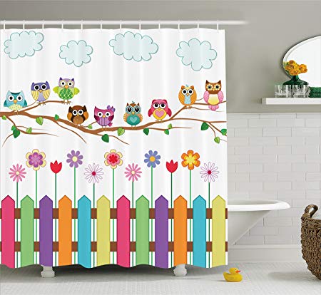 Ambesonne Owls Shower Curtain Set Home Decor, Owls on a Branch Sunny Day Countryside Farmhouse Fences Wildflowers Holidays Art, Bathroom Accessories Hooks, 69W X 70L Inches, Multicolor