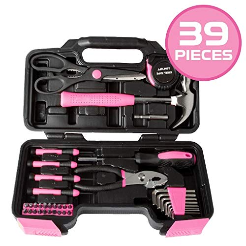 39 Piece Tool Box Kit, Pink - Small Basic Home Tool Set - Great for College Students, Household Use & More