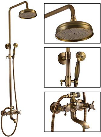 Antique Brass Shower Fixture 8 Inch Rainfall Shower Head with Handheld Spray Dual Knobs Mixer Bathroom Triple Function Double Knobs Shower Combo Set Wall Mount