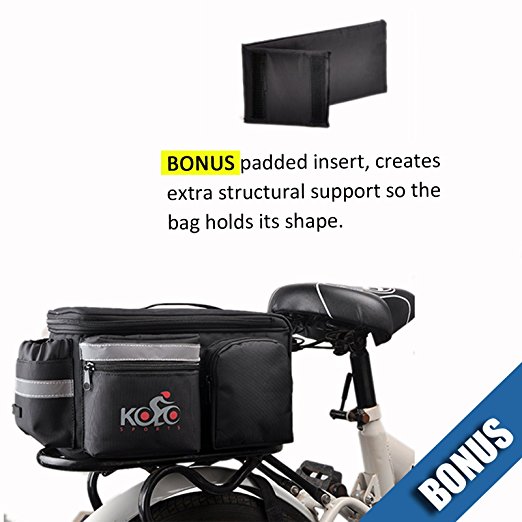 Bike Pannier Bag By Kolo Sports | Durable & Waterproof Nylon With Extra Padded Foam Bottom & 3 Side Reflectors | Shoulder Strap Rack Rear Trunk Tote Bag | Strong Velcro, Zipper Pockets & Bottle Case