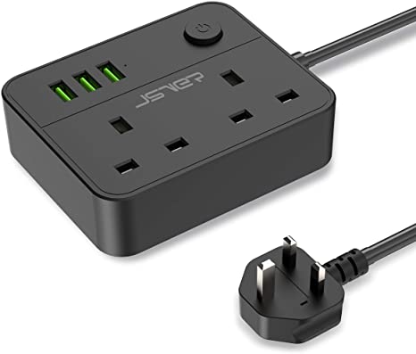 JSVER Extension Lead with 3 USB Slots (15.5W) 2 Outlet Power Strip Surge Protected Power Socket with Switch 2M Cable for Home, Office, Hotel, Travel -Black