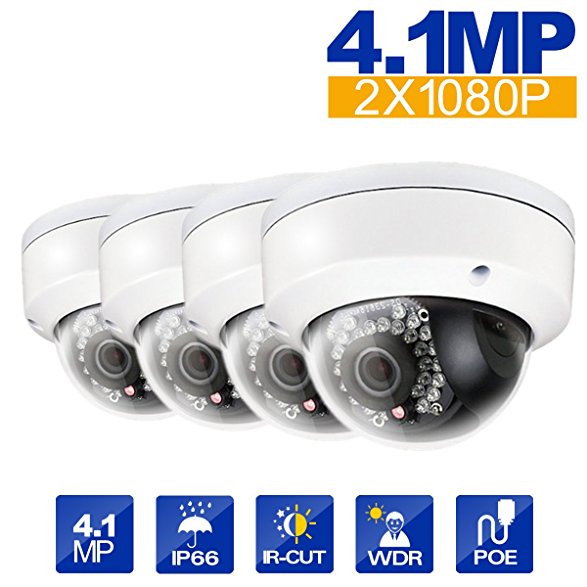 Hikvision 4pcs DS-2CD2142FWD-I 4mm Lens 4MP(2688 × 1520) WDR Fixed Dome Network Camera PoE IR range 30M Day/Night Vision IP67 Waterproof English Version