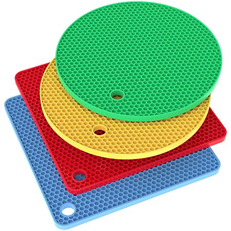 Vremi Silicone Trivet Set - 4 Heat Resistant Pot Holders Trivets for Hot Dishes - Colorful Decorative Square and Round Cooking Potholders Pads for Kitchen Table Countertop - Blue Red Yellow Green