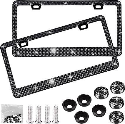 Bling License Plate Frame - iGreely 2Pack Sparkly Rhinestone License Plate Cover Stainless Steel Diamond Car License Plate Holder Bedazzled Tag Frame for Car Black