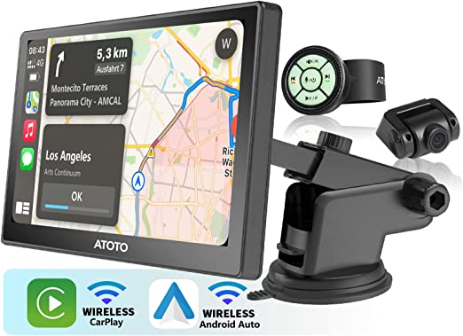 ATOTO P8 7 inch Touchscreen Portable in-Dash Navigation, Wireless Carplay & Wireless Android Auto, with HD 1080P Front Dash Cam, WDR & Auto Dimmer, Remote Control, Support up to 128G SD, P807SD-FC