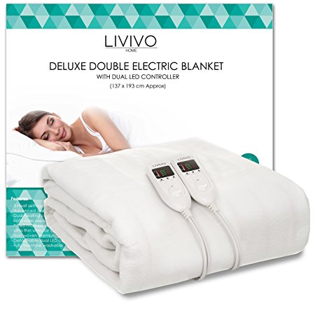 LIVIVO ® Deluxe Electric Under Blanket with Dual LED Controller – Soft and Comfortable Washable Heated Fitted Mattress Cover Sheet with 3 Heat Settings and Timer Function (Double)